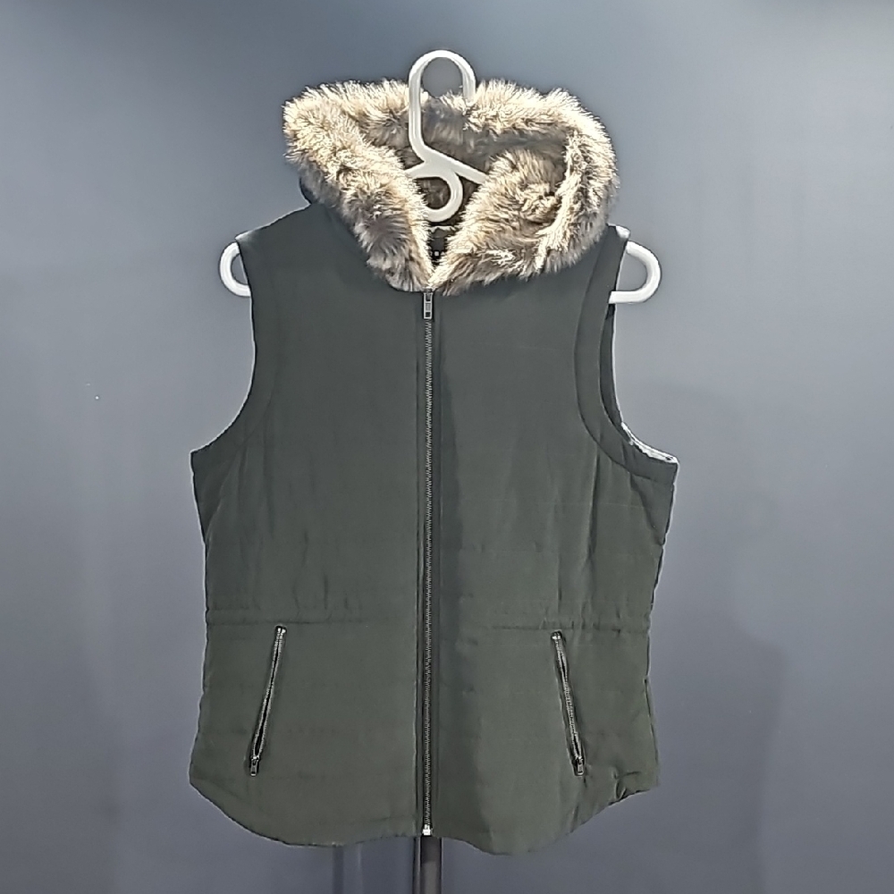 Olive Green Hooded Vest with Faux Fur Trim